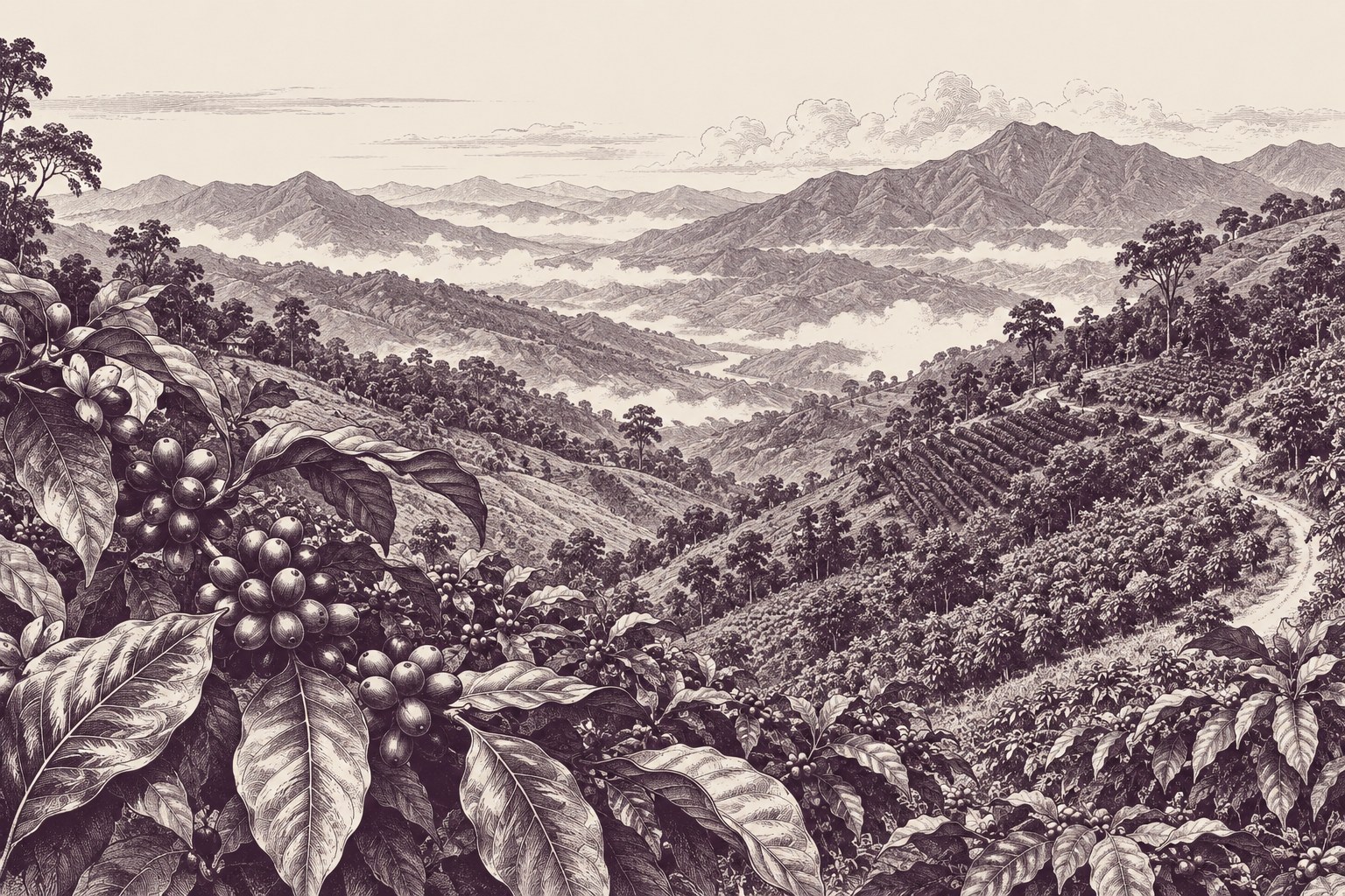 An engraving of coffee hills, rows of trees and a road through the valley