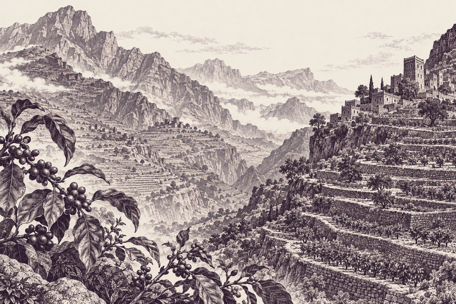 An engraving of terraced mountain coffee, stone walls and a hill village